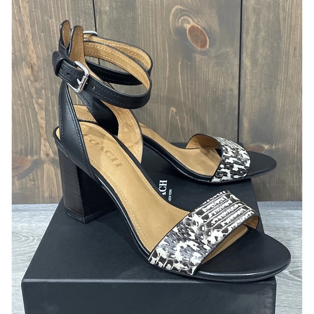 Coach Paige Black White Snake/Mat Calf Leather Block Heel Sandals Women's 8M NEW - Picture 6 of 9